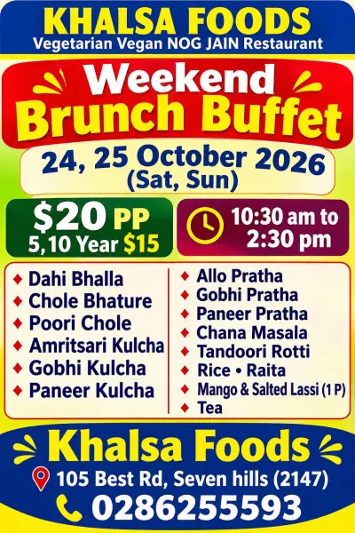 Khalsa Foods – Weekend Vegetarian Brunch Buffet | Seven Hills, Sydney | 24 - 25 Oct 2026
