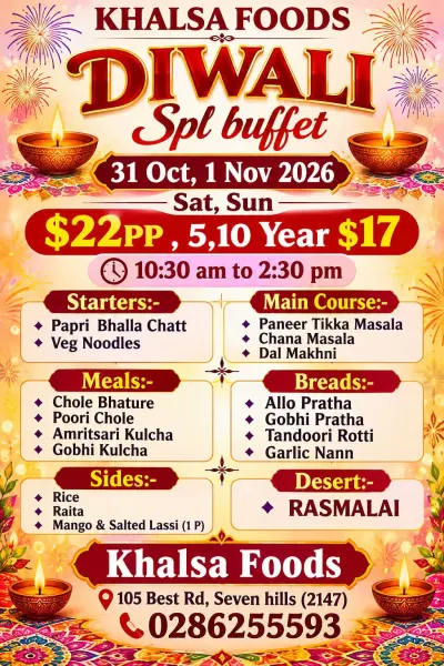 Khalsa Foods Diwali Special Buffet | 31 Oct & 1 Nov 2026 | Seven Hills, Sydney
