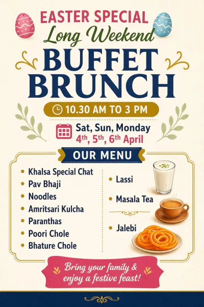 Easter Long Weekend Unlimited Buffet Brunch at Khalsa Restaurant