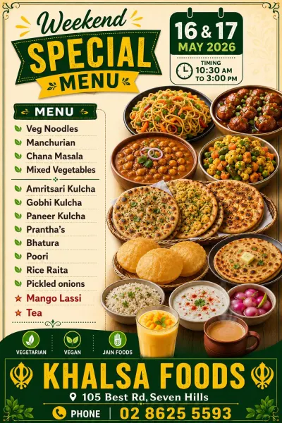 Weekend unlimited Brunch at Khalsa Foods 16-17 May