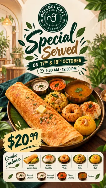 Neelgri Cafe Weekend Special – South Indian Breakfast Combo at $20.99 | 17 & 18 October