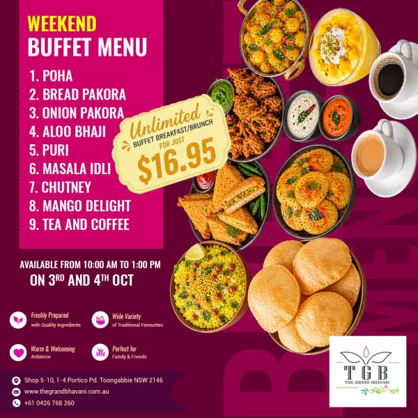 Unlimited Vegetarian Breakfast & Brunch Buffet at The Grand Bhavani, Toongabbie | 17-18 Oct 2026