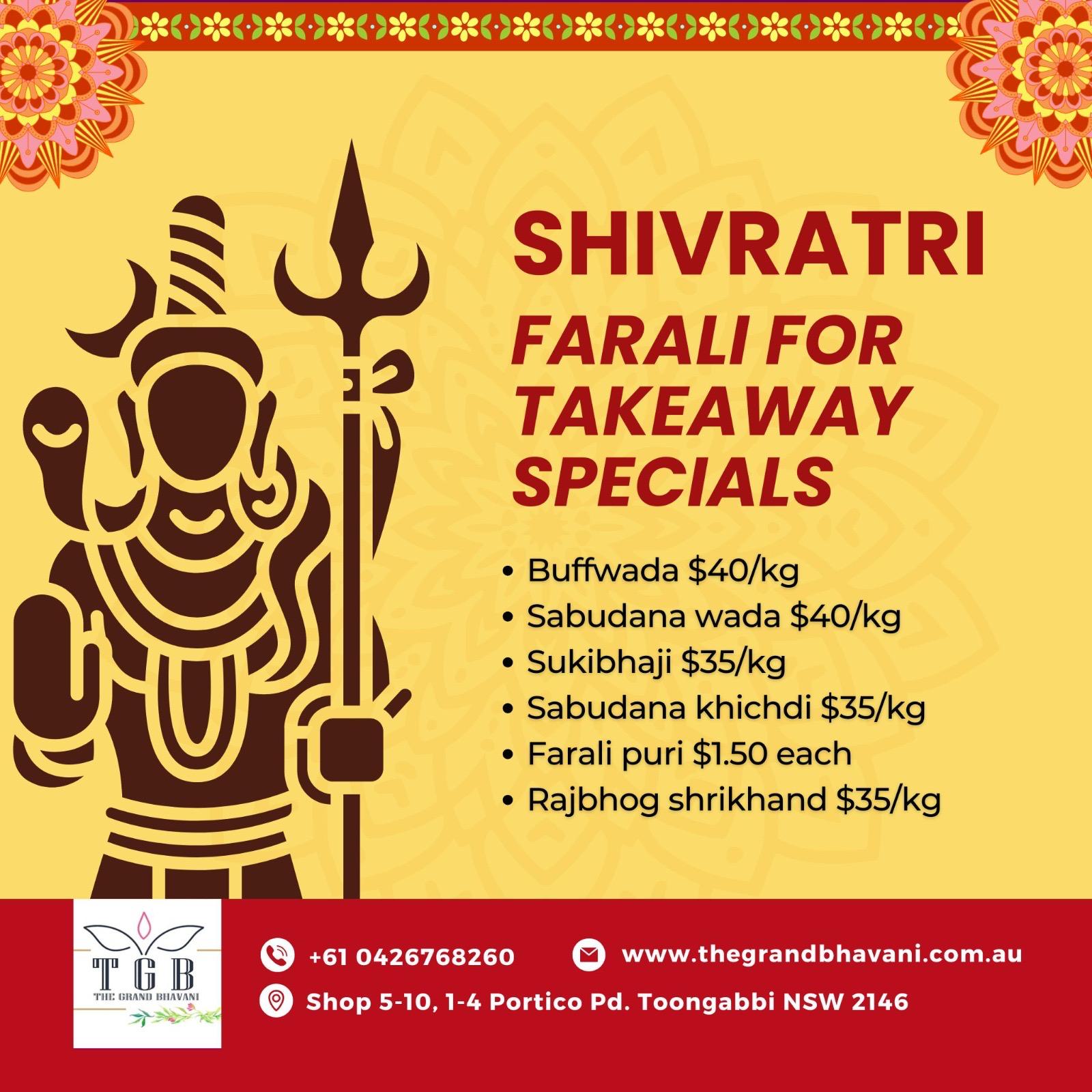 Shivratri Farali Takeaway Specials – The Grand Bhavani, Toongabbie