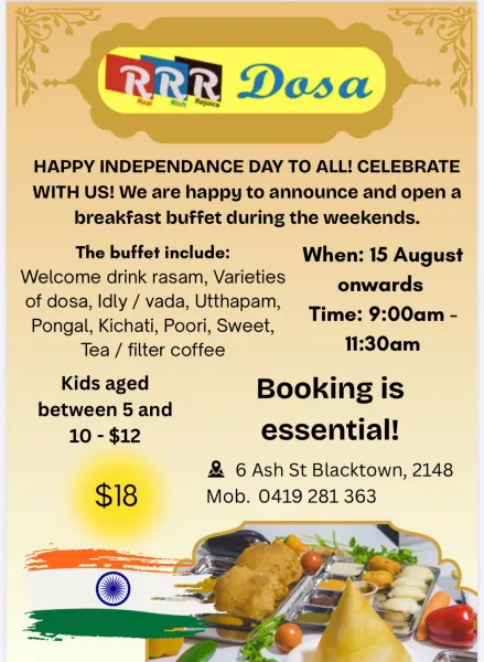 Weekend South Indian Breakfast Buffet at RRR Dosa, Blacktown – From 15 August