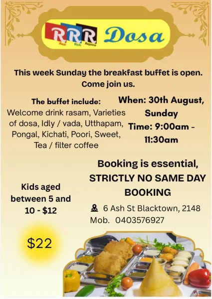 RRR Dosa Blacktown Sunday Breakfast Buffet – Unlimited South Indian Favourites | 30 August