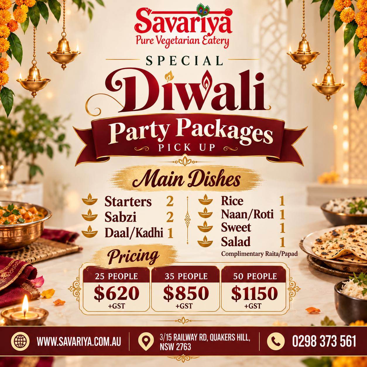 Savariya Diwali Party Catering & Vegetarian Food Packages | Quakers Hill