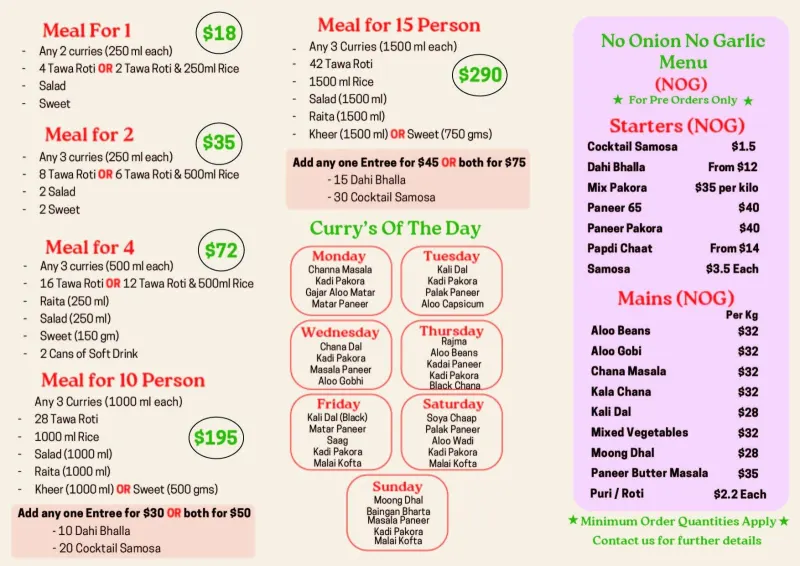 Weekly Pure Vegetarian Tiffin menu at Daadis Kitchen Parramatta